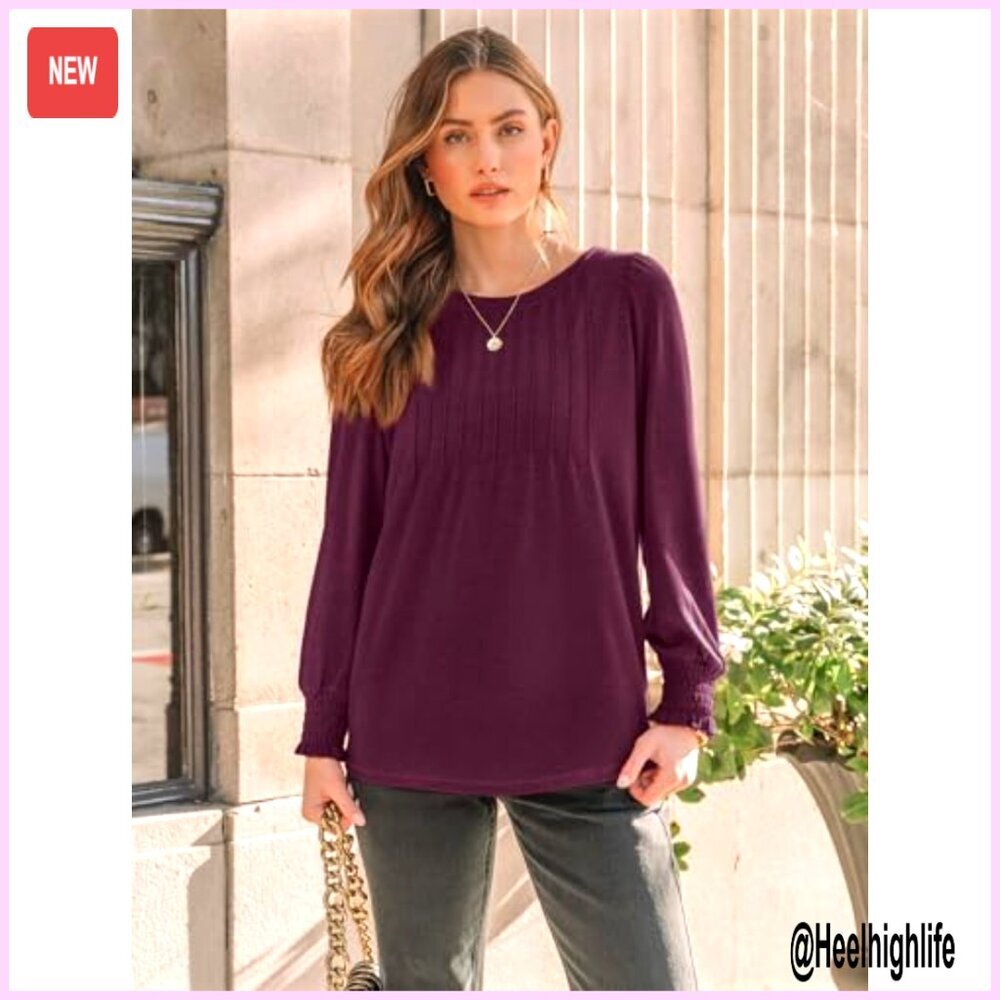 Long Sleeve Pleated Blouse Smocked Cuffs Business Casual Top Women's - Picture 2 of 7